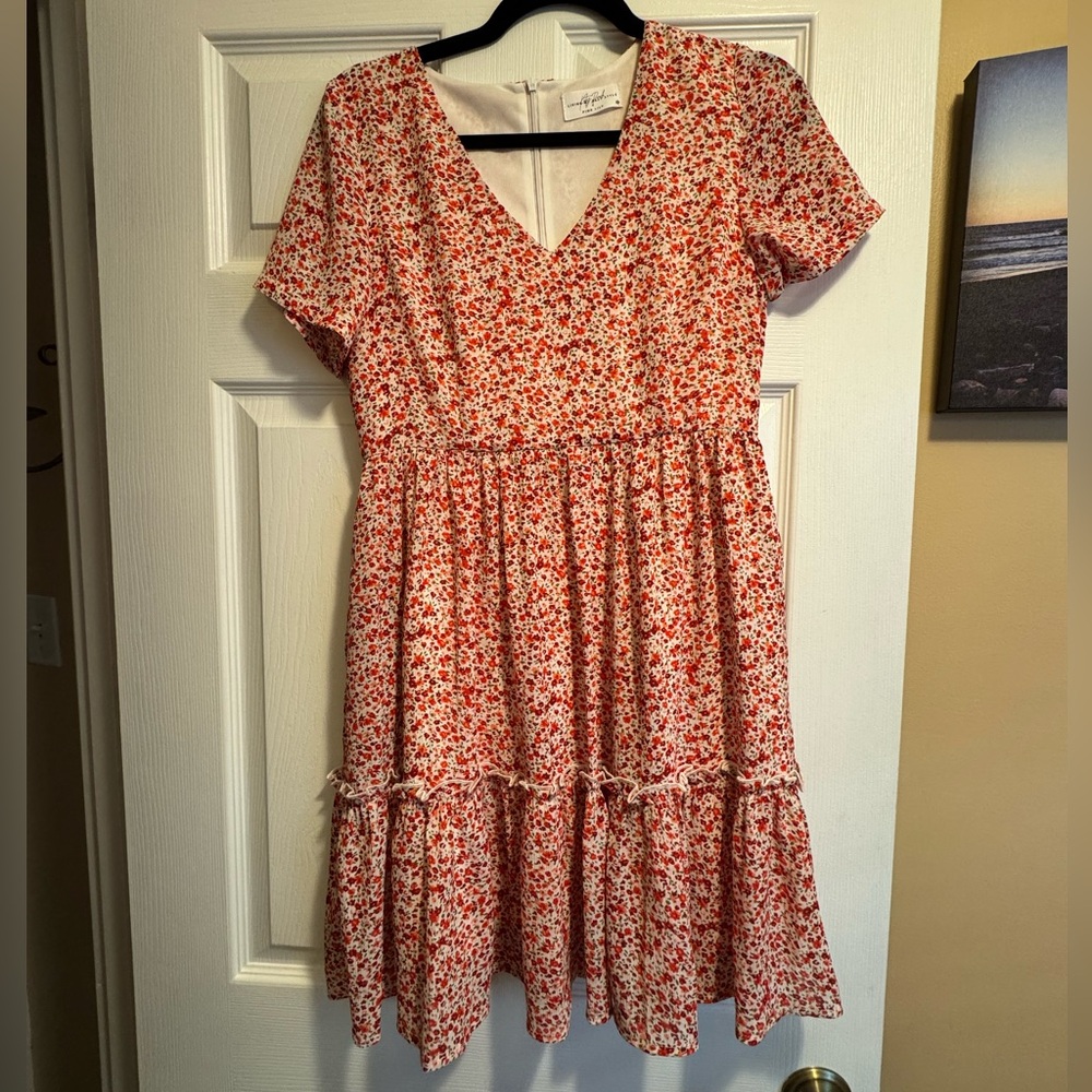 EUC Pink Lily Living My Best Style Floral Red and White Dress Tiered Medium
